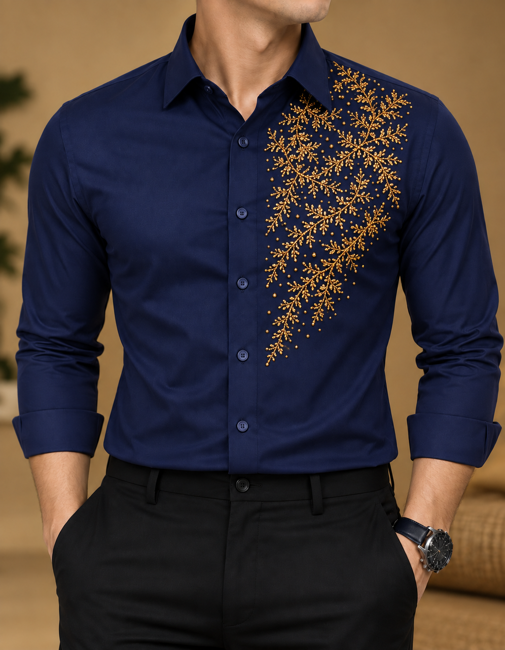 Midnight Navy Gold Handwork Shirt
