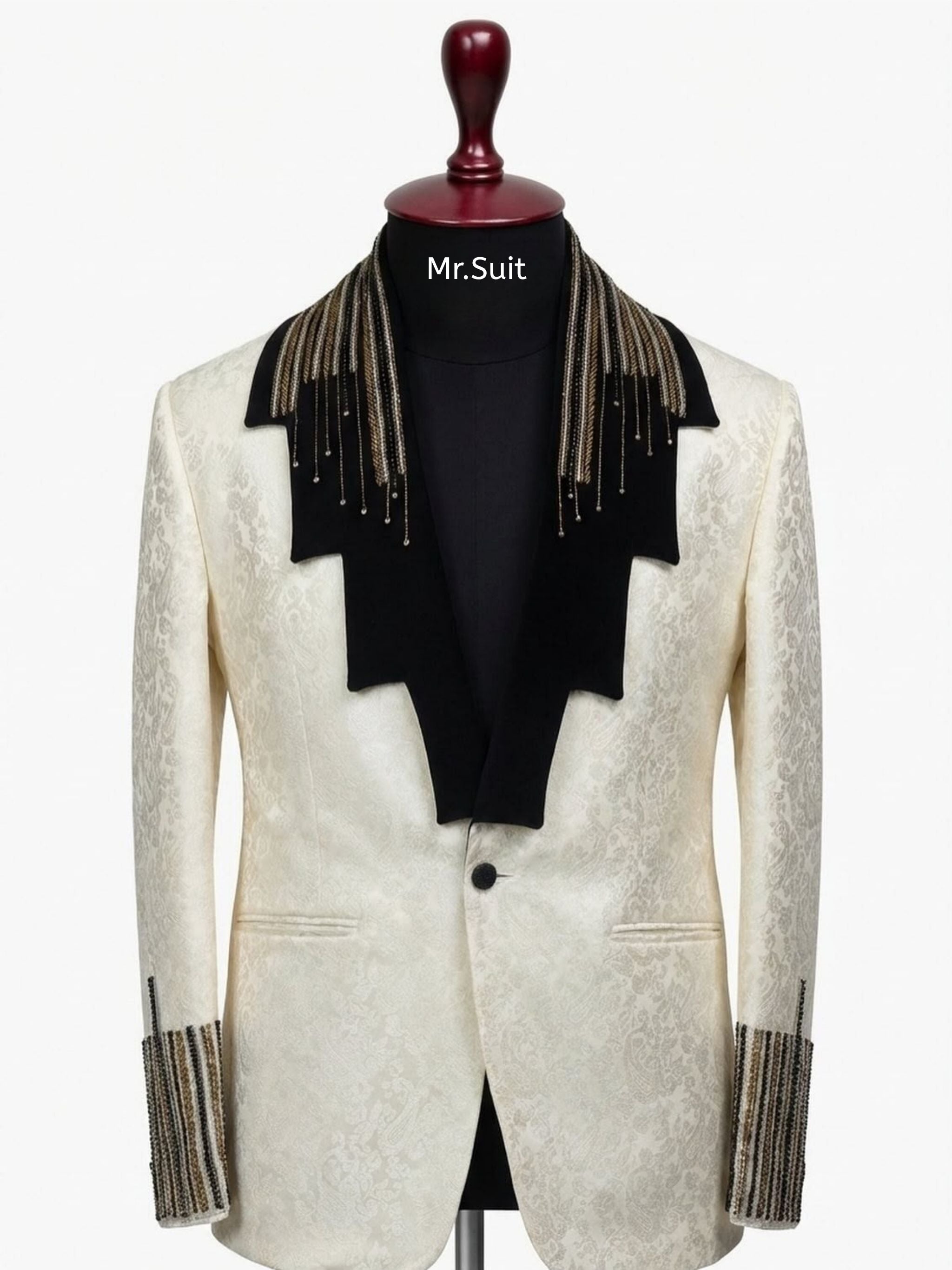 Ivory & Black Royal Jacquard 3-Piece Suit