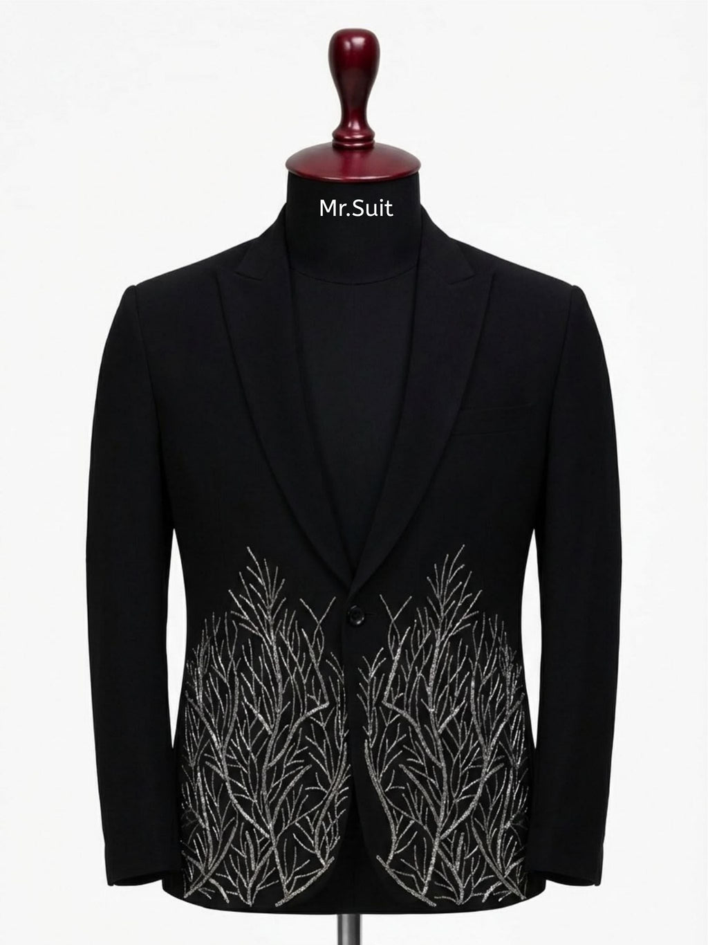 Midnight Black Silver Branch Embroidered 3-Piece Suit
