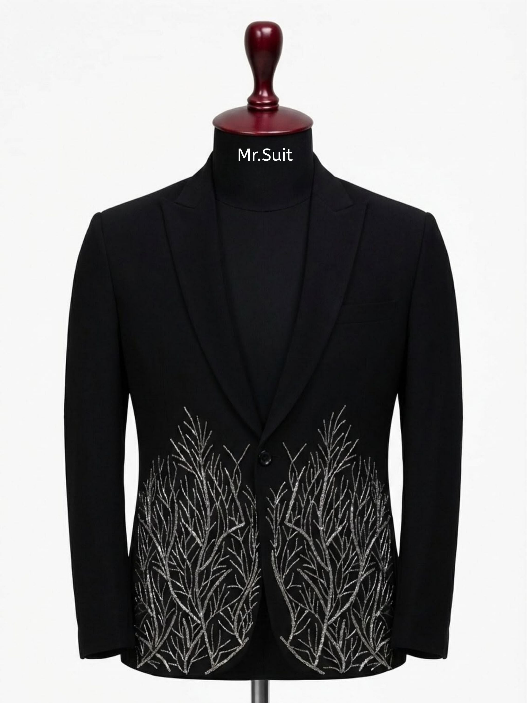 Midnight Black Silver Branch Embroidered 3-Piece Suit