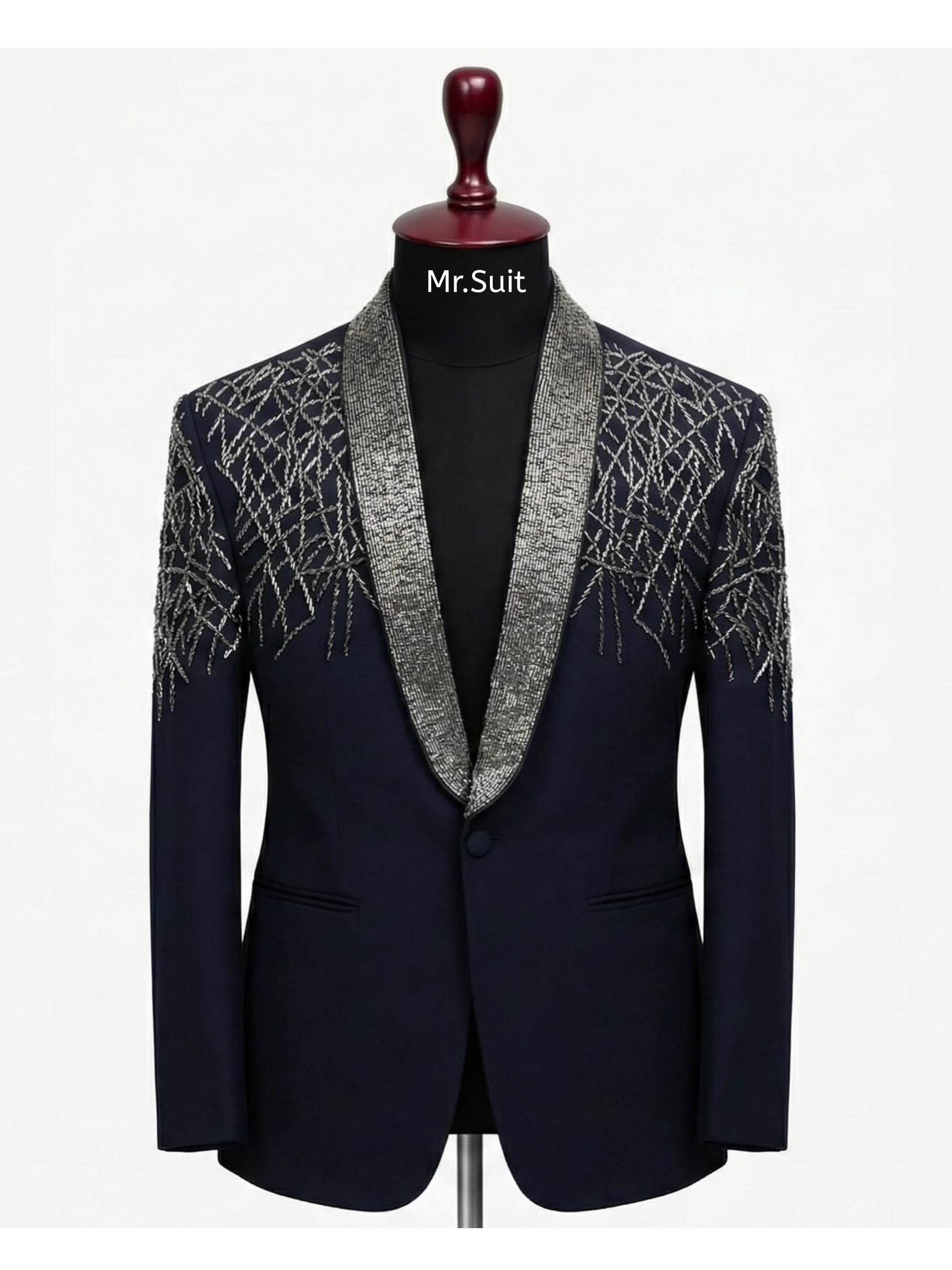 Midnight Navy & Silver Crystal Embroidered 3-Piece Suit