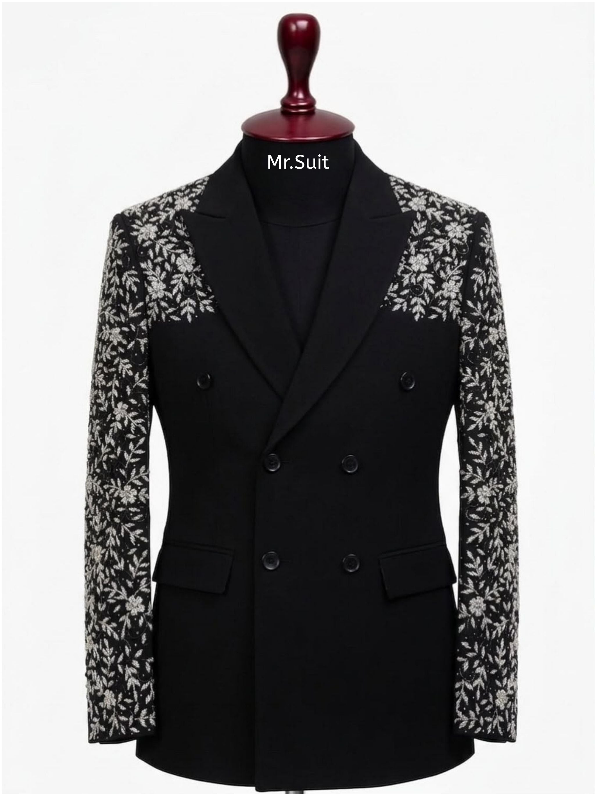 Black & Silver Floral Embroidered Double-Breasted 3-Piece Suit