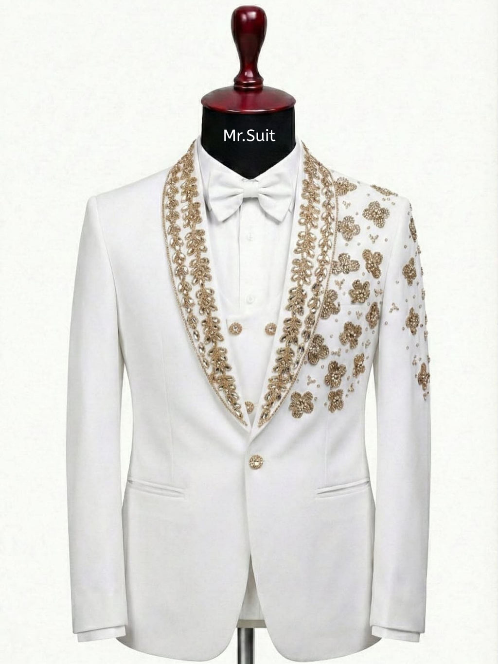 Royal White & Gold Floral Embroidered 3-Piece Tuxedo