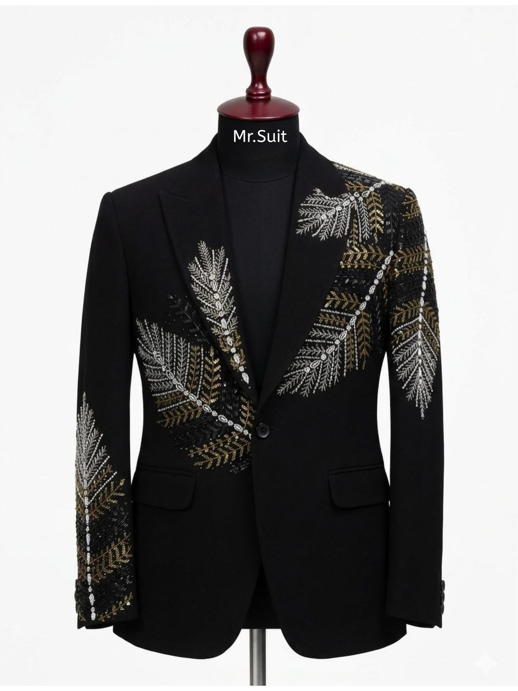 Midnight Black Gold & Silver Botanical Embroidered 3-Piece Suit