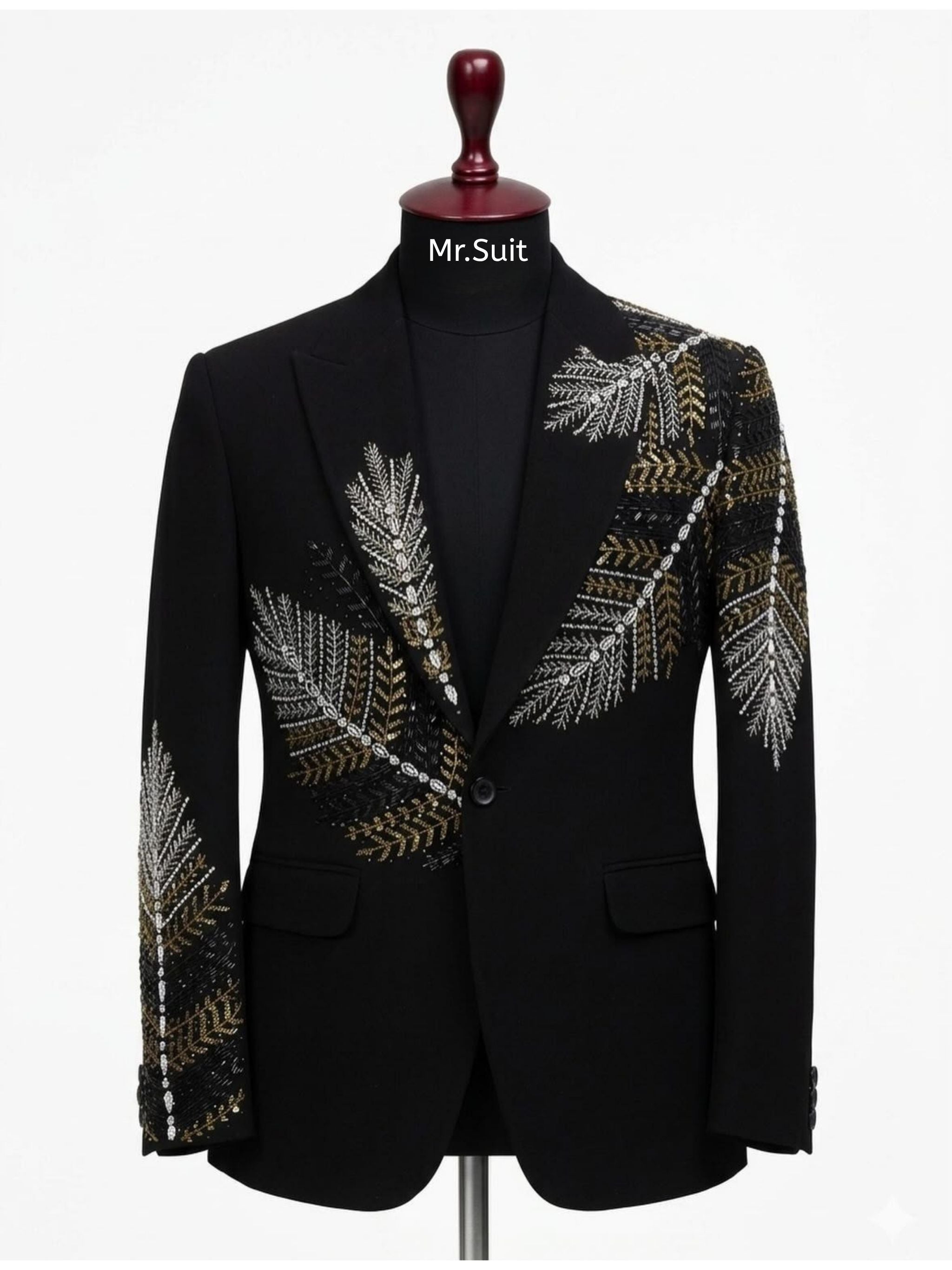 Midnight Black Gold & Silver Botanical Embroidered 3-Piece Suit