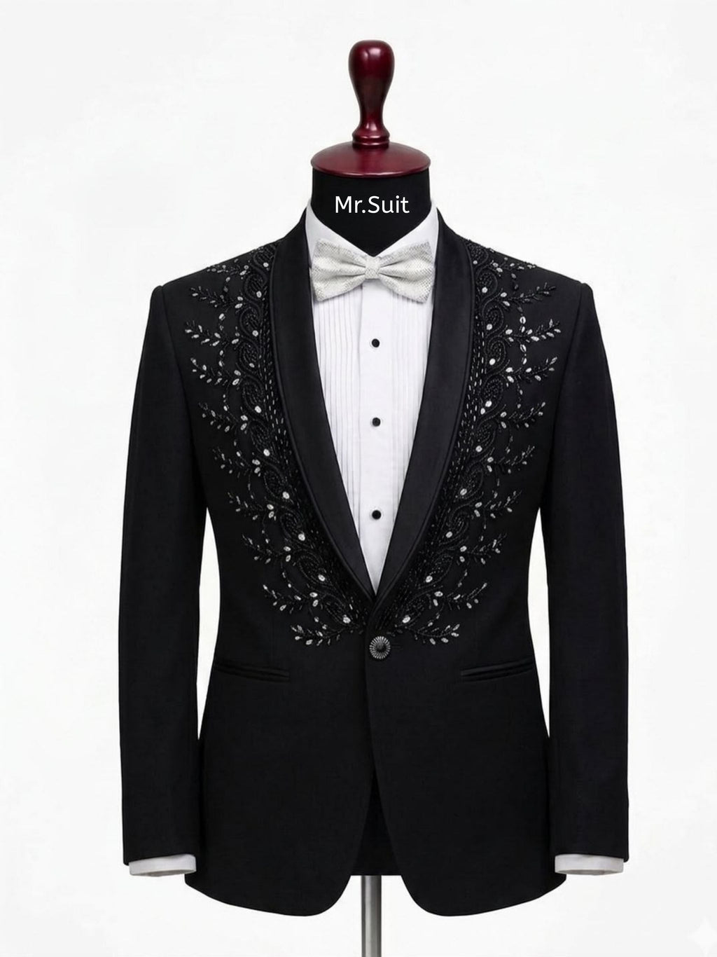 Midnight Black Embroidered Shawl Lapel 3-Piece Suit