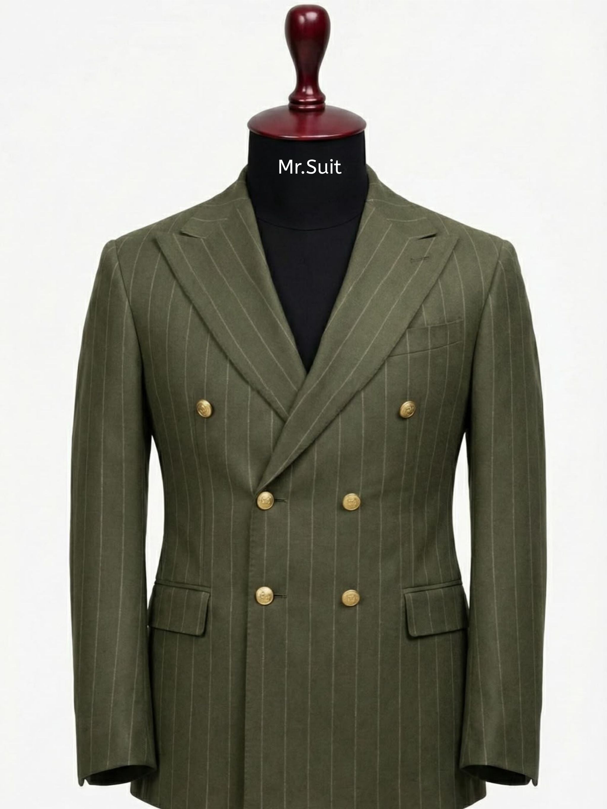 Regal Olive Pinstripe Double-Breasted 3-Piece Suit