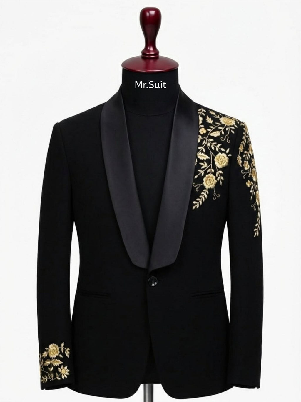 Midnight Royale Black & Gold Floral Embroidered 3-Piece Suit