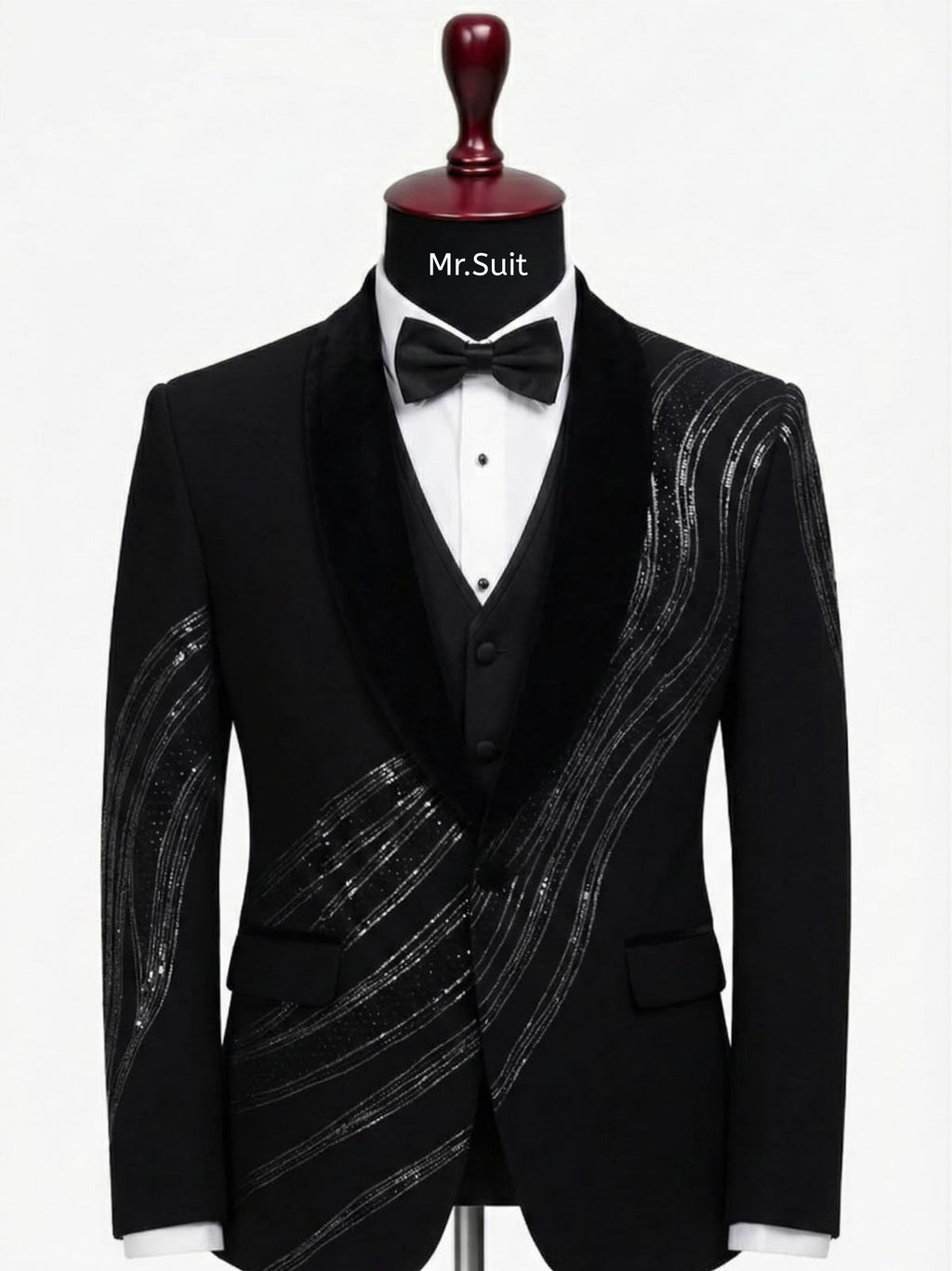 Midnight Wave Black Embellished 3-Piece Tuxedo Suit