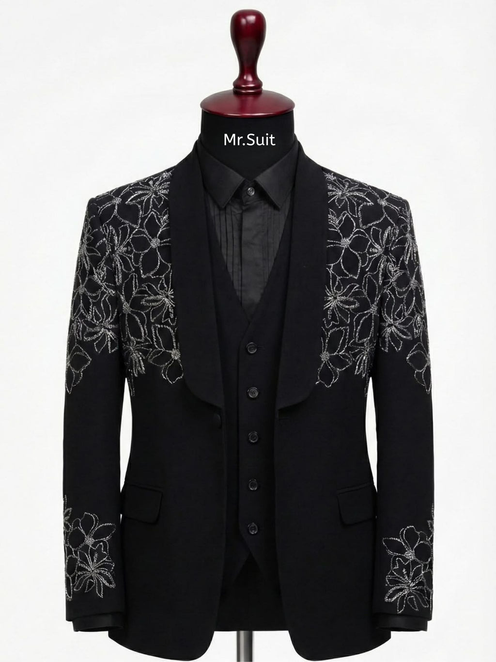Noir Blossom Black & Silver Embroidered 3-Piece Suit