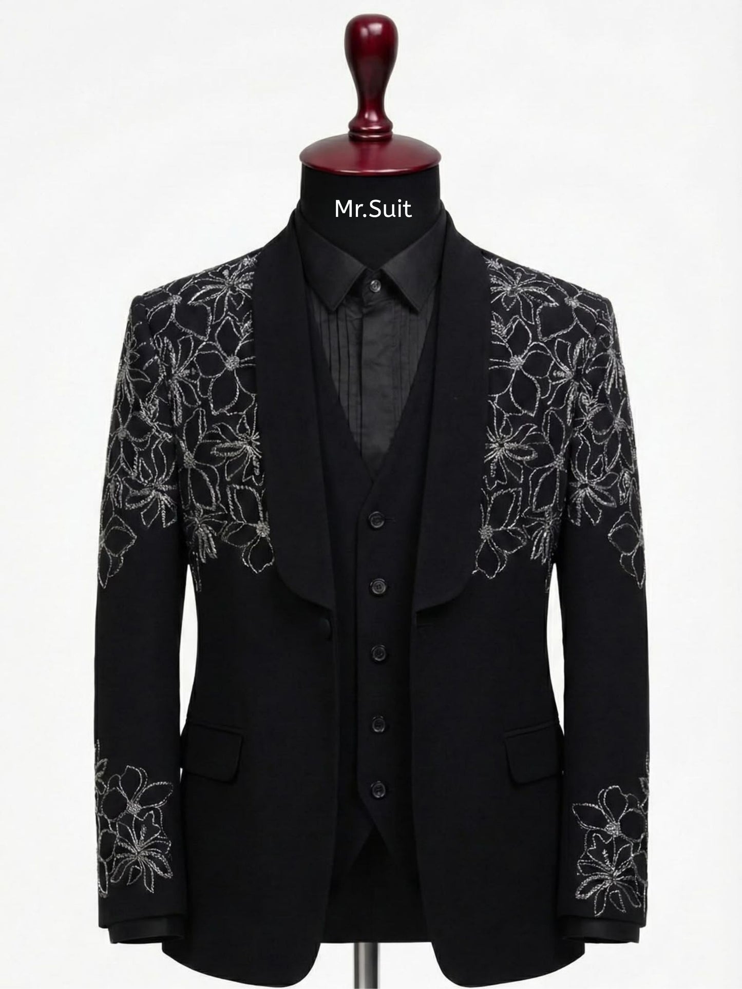 Noir Blossom Black & Silver Embroidered 3-Piece Suit