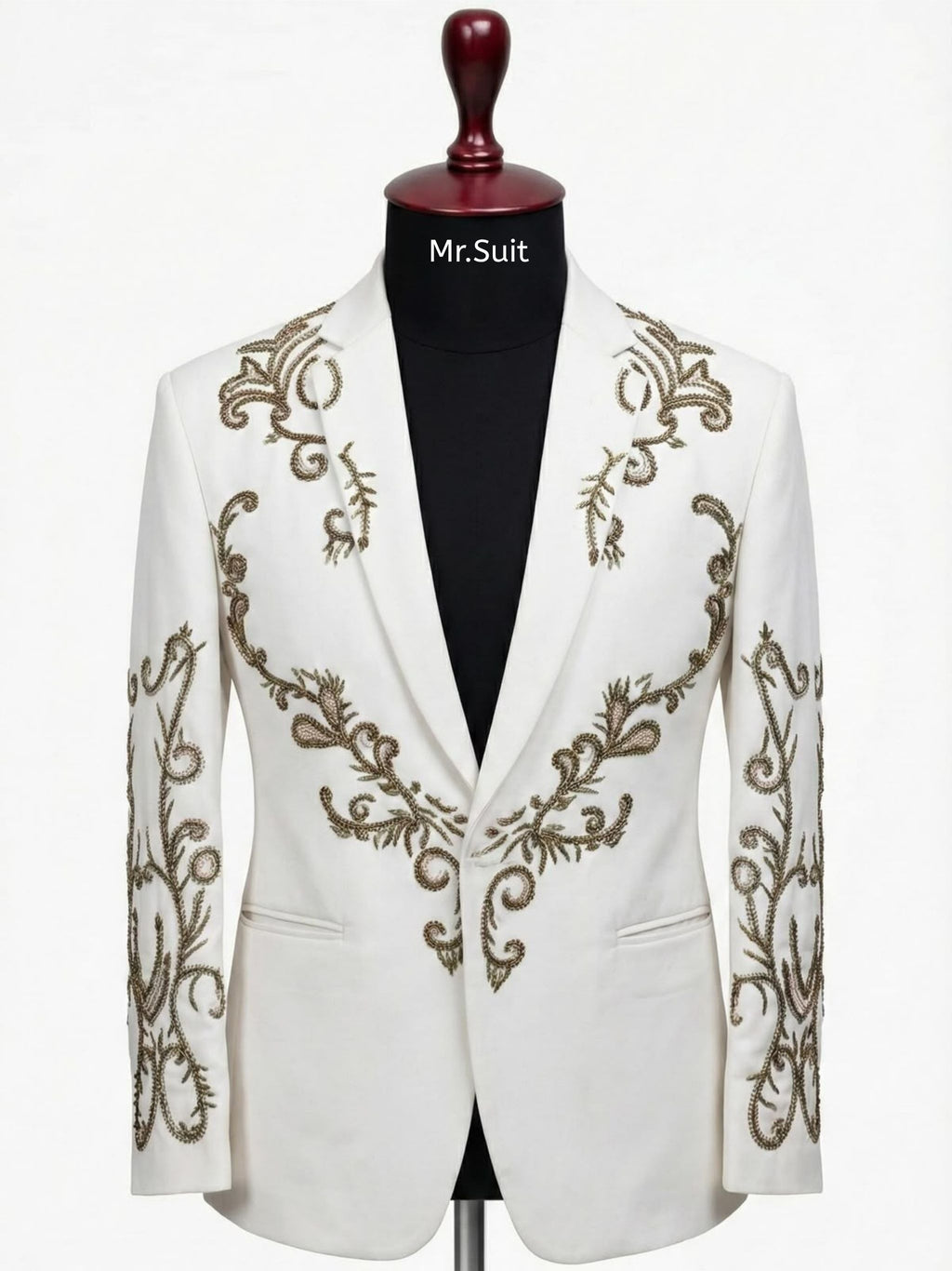 White & Gold Embroidered 3-Piece Suit