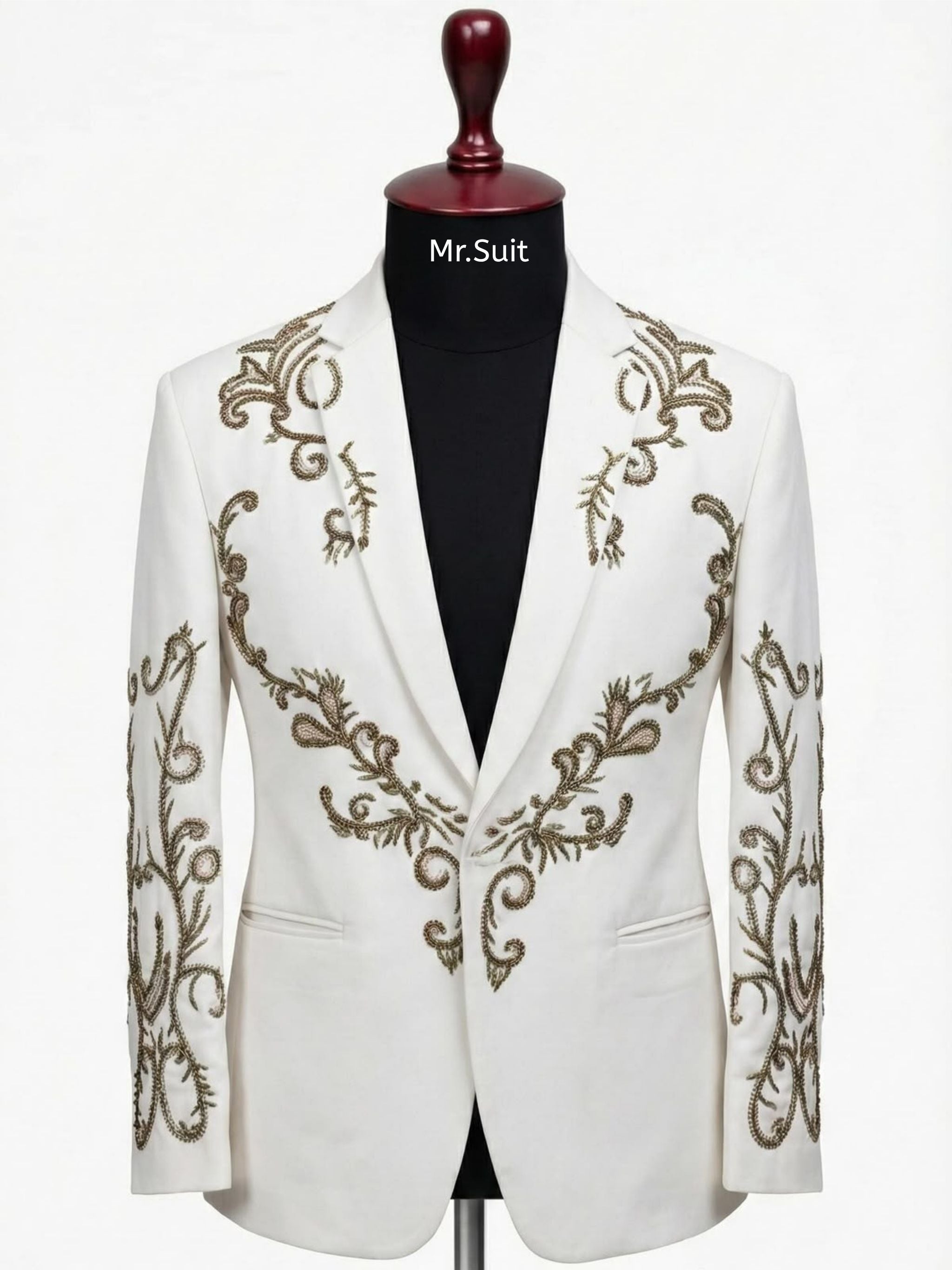 White & Gold Embroidered 3-Piece Suit