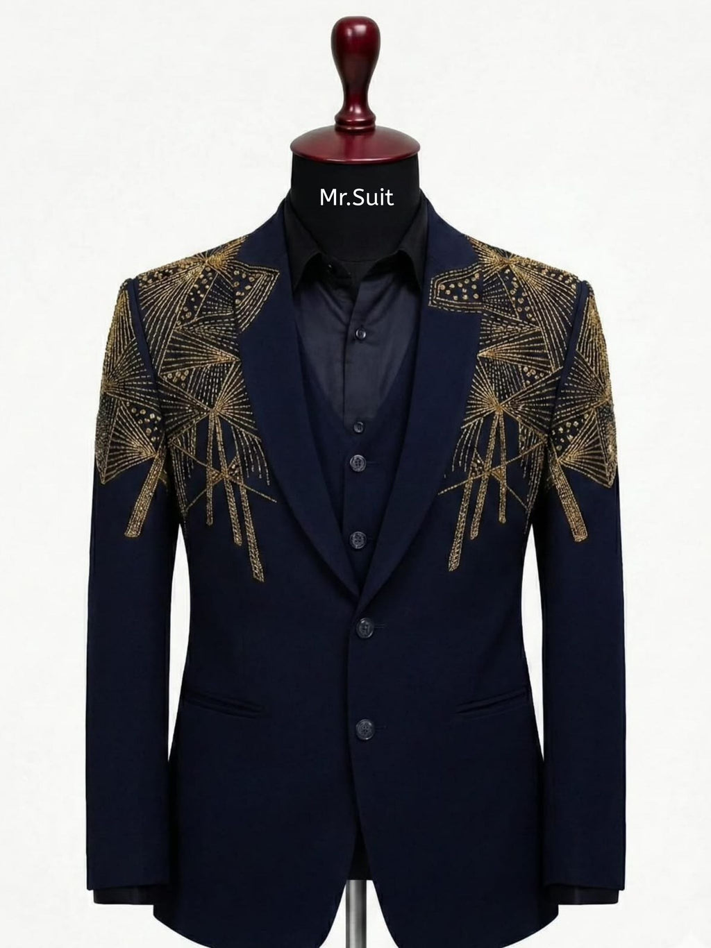 Navy Blue & Gold Geometric Embroidered Suit