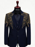 Navy Blue & Gold Geometric Embroidered Suit
