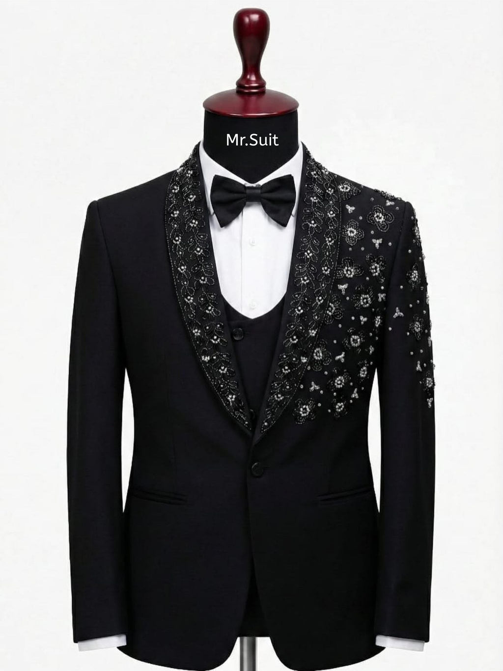 Black Crystal Floral Embroidered Tuxedo Suit