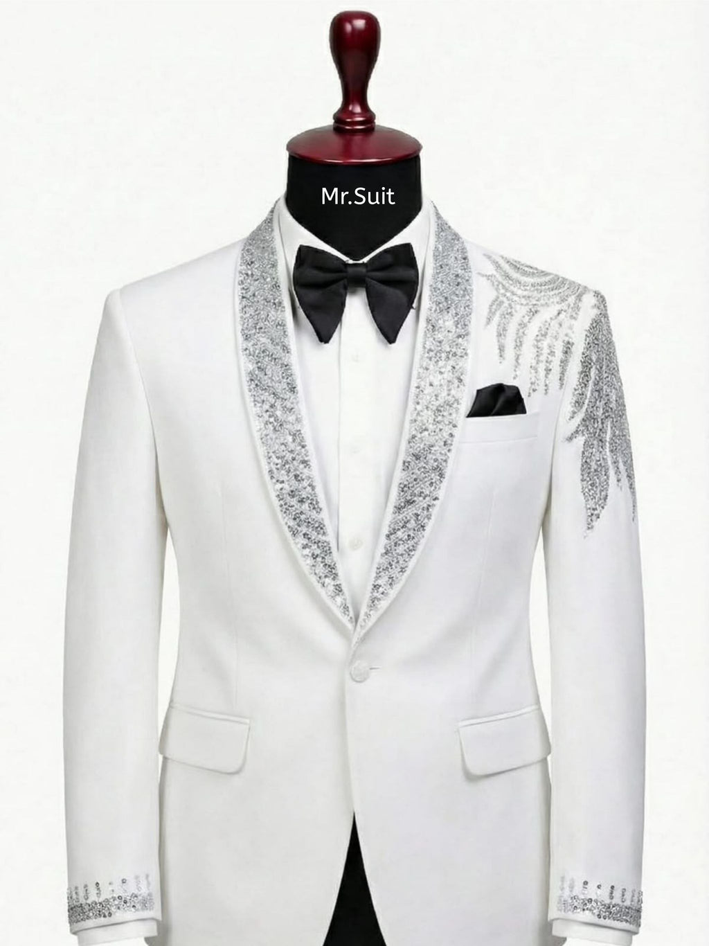 White & Silver Crystal Embellished Tuxedo Suit