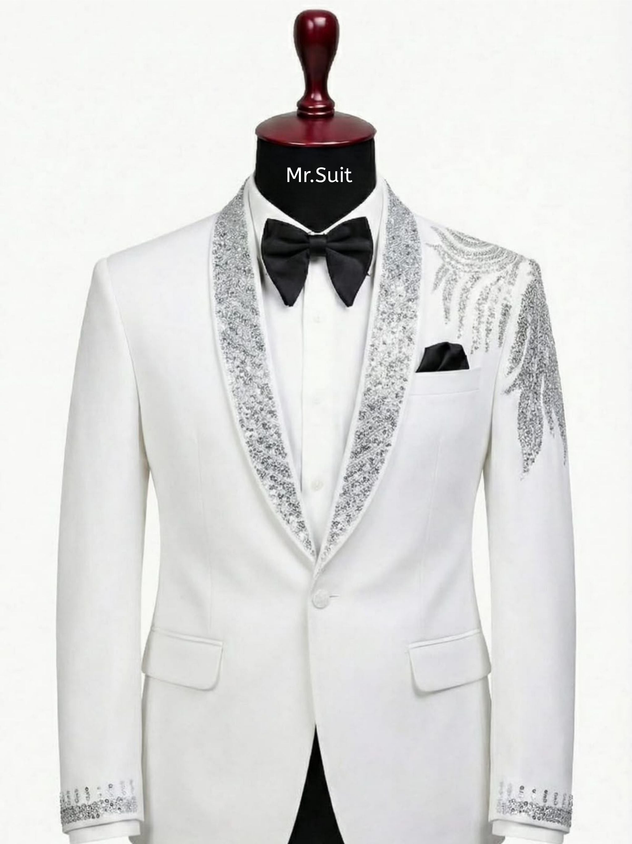 White & Silver Crystal Embellished Tuxedo Suit