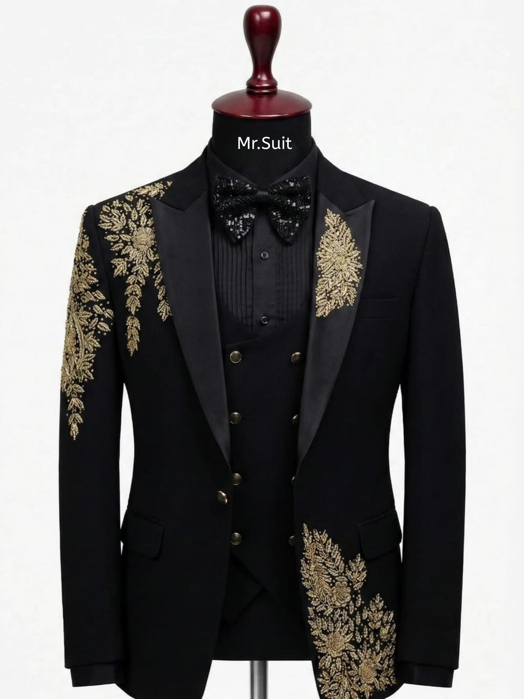 Black & Gold Royal Embroidered Tuxedo Suit