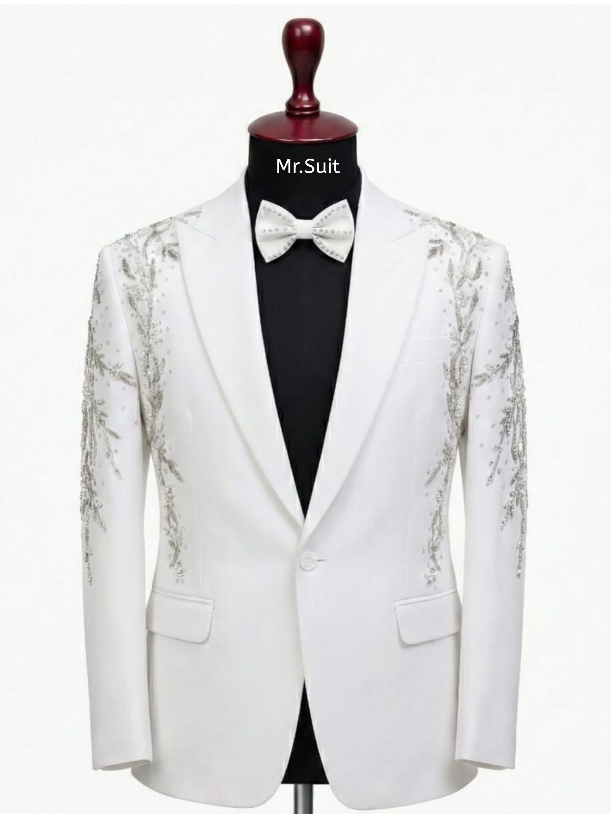 White & Silver Royal Embellished Tuxedo Suit