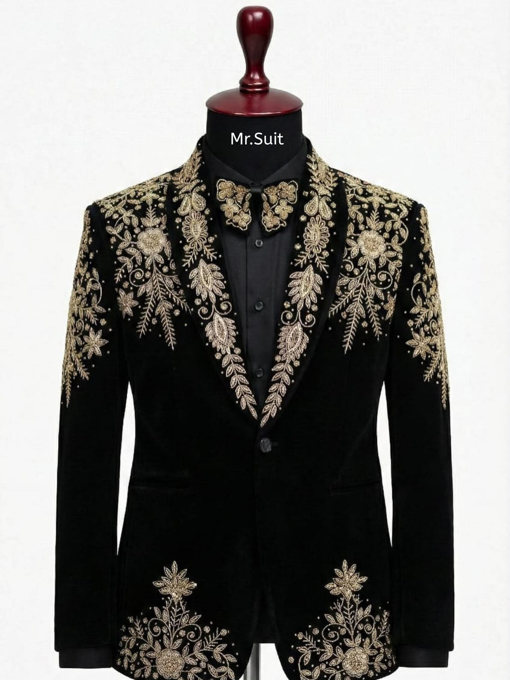 Black & Gold Imperial Embroidered Velvet Tuxedo Suit