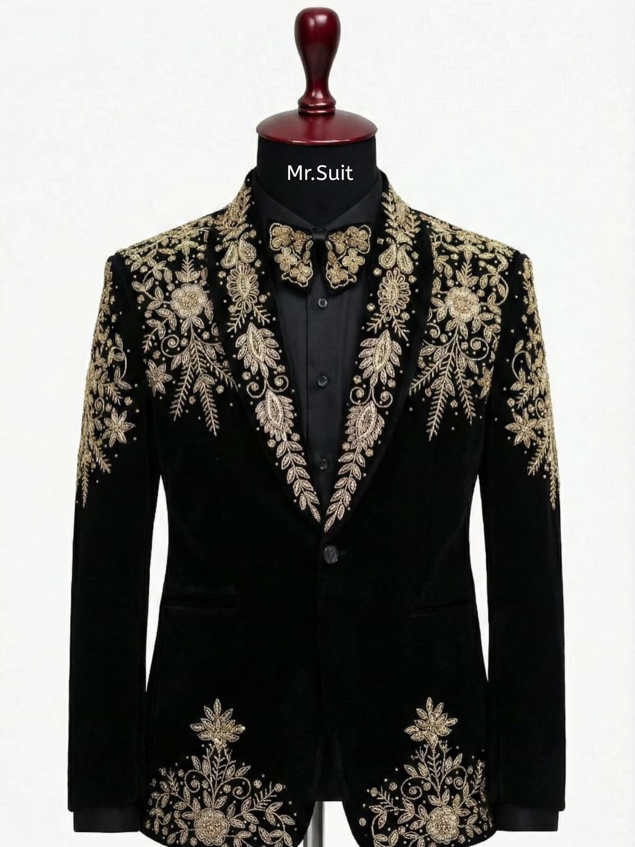 Black & Gold Imperial Embroidered Velvet Tuxedo Suit