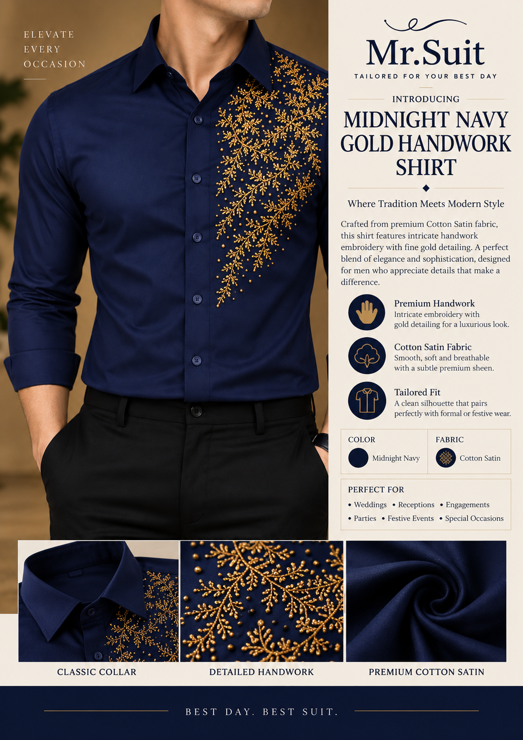 Midnight Navy Gold Handwork Shirt