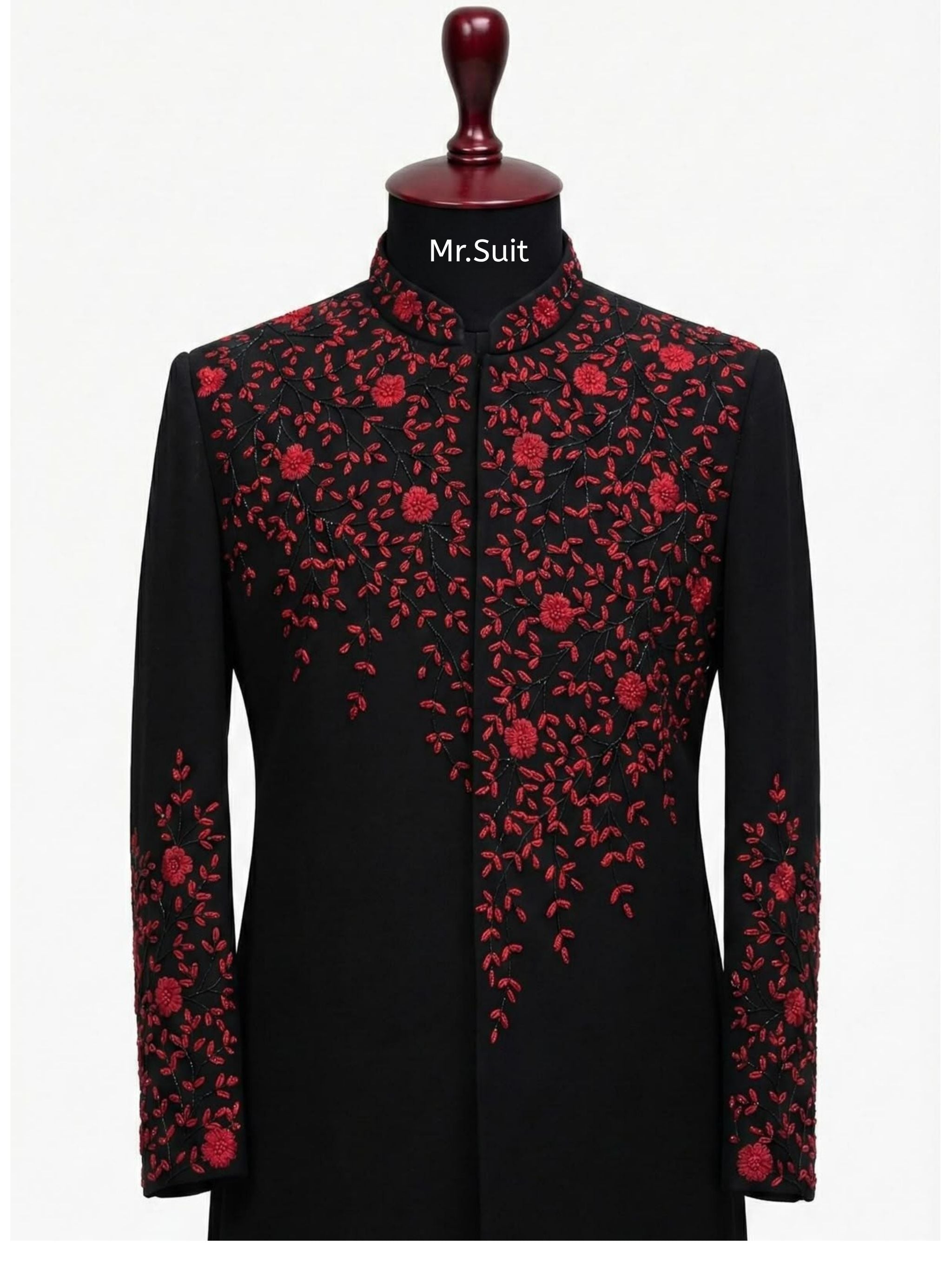 Black & Red Floral Embroidered 3-Piece Suit