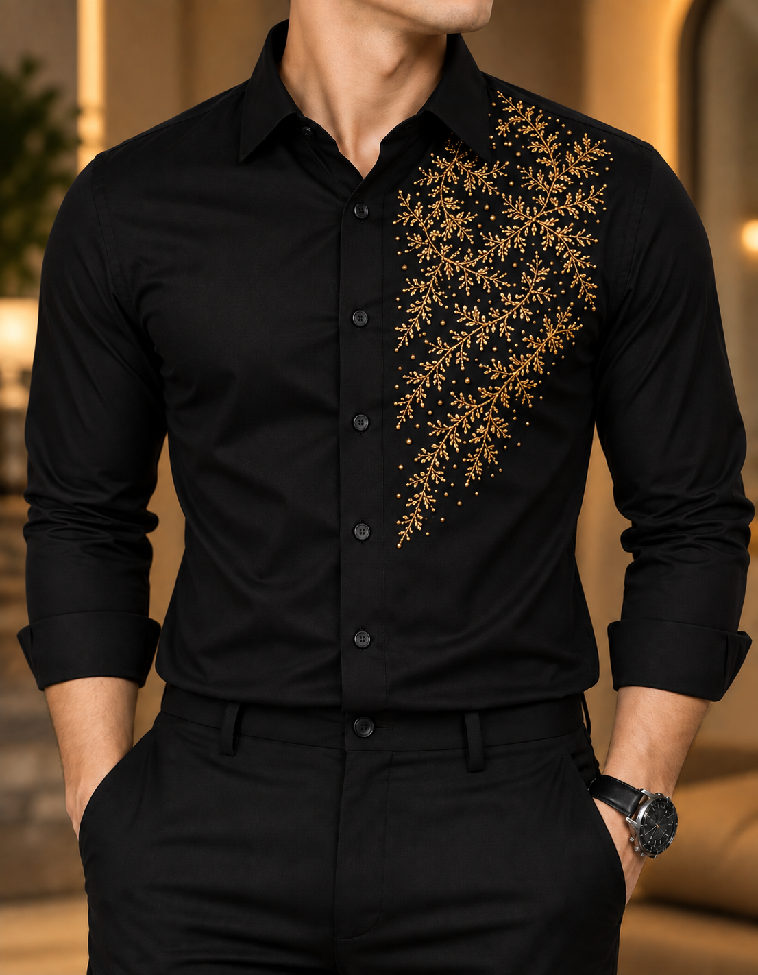 Midnight Navy Gold Handwork Shirt