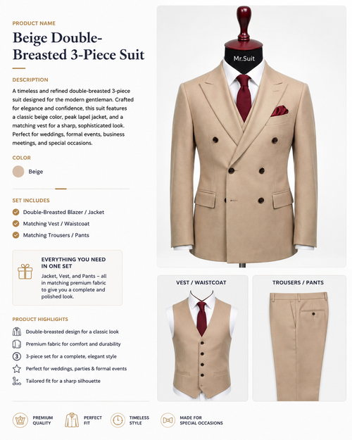 Beige Double-Breasted 3-Piece Suit