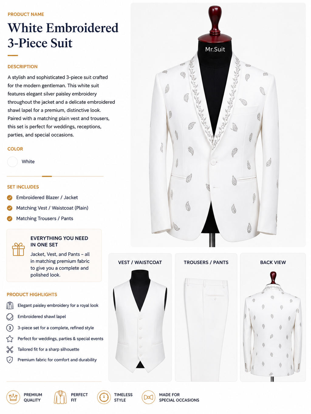 White Embroidered 3-Piece Suit