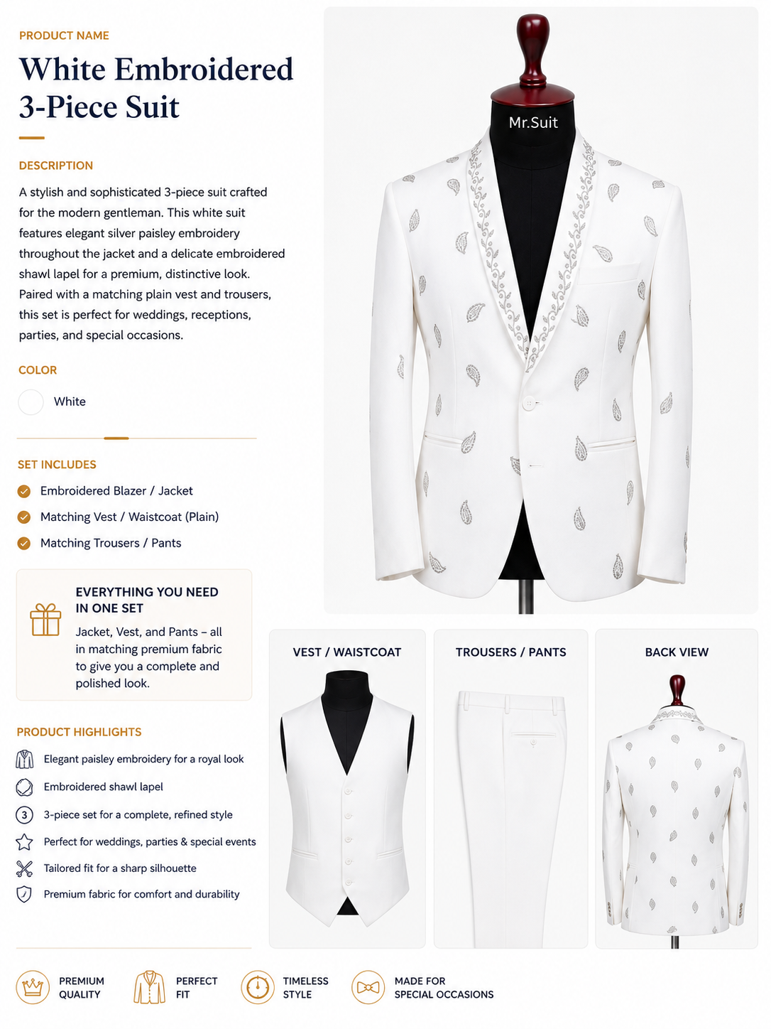 White Embroidered 3-Piece Suit