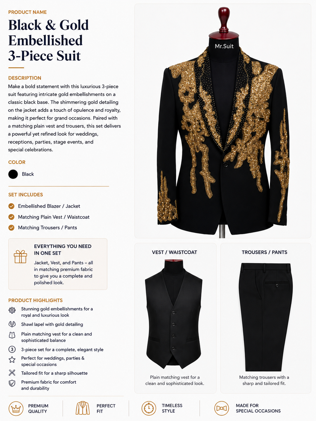 Black & Gold Embellished 3-Piece Suit