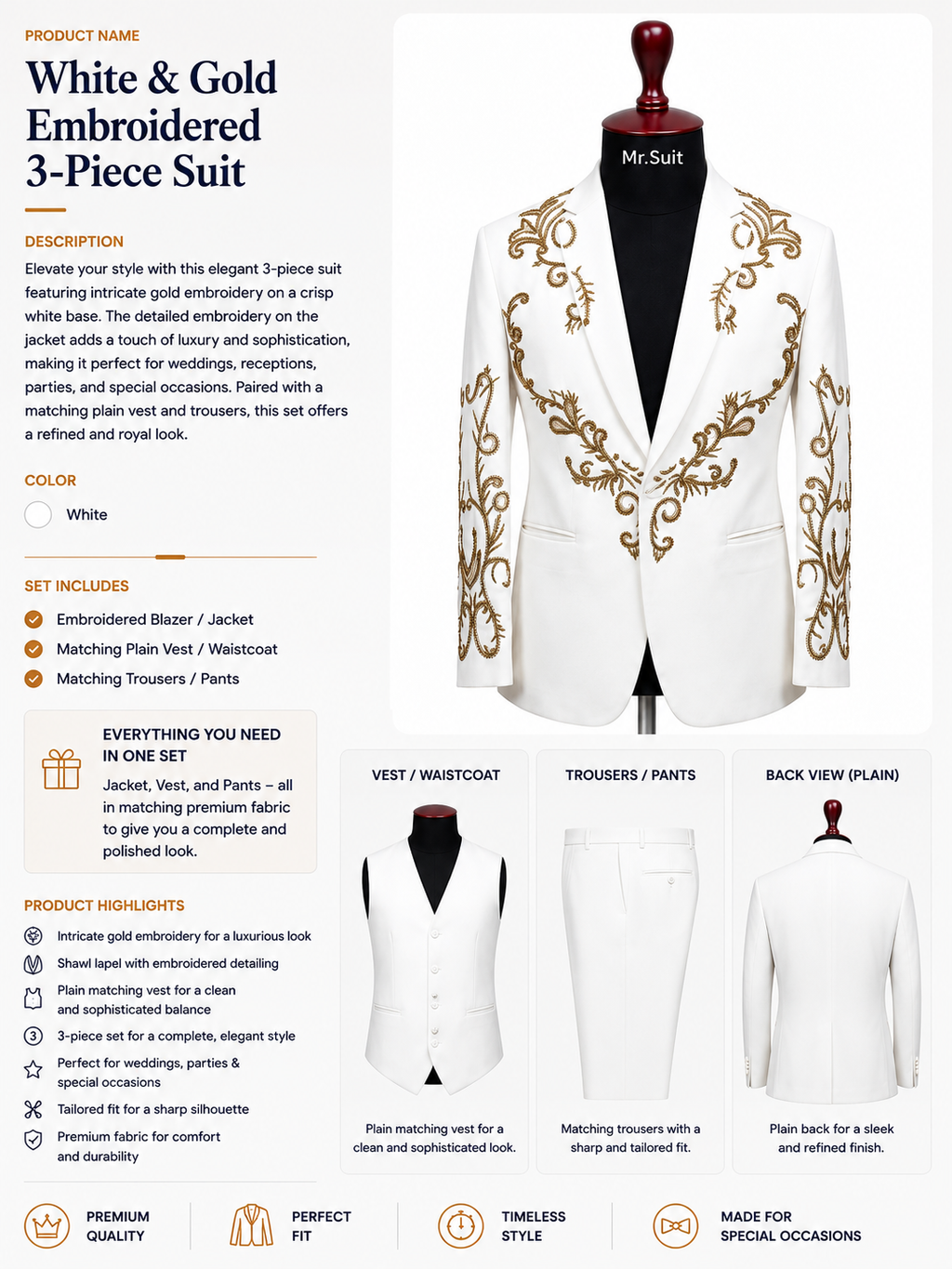 White & Gold Embroidered 3-Piece Suit