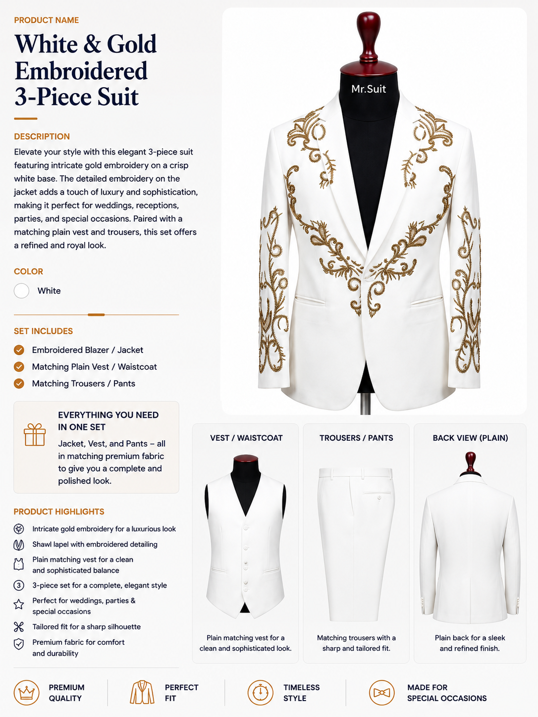 White & Gold Embroidered 3-Piece Suit