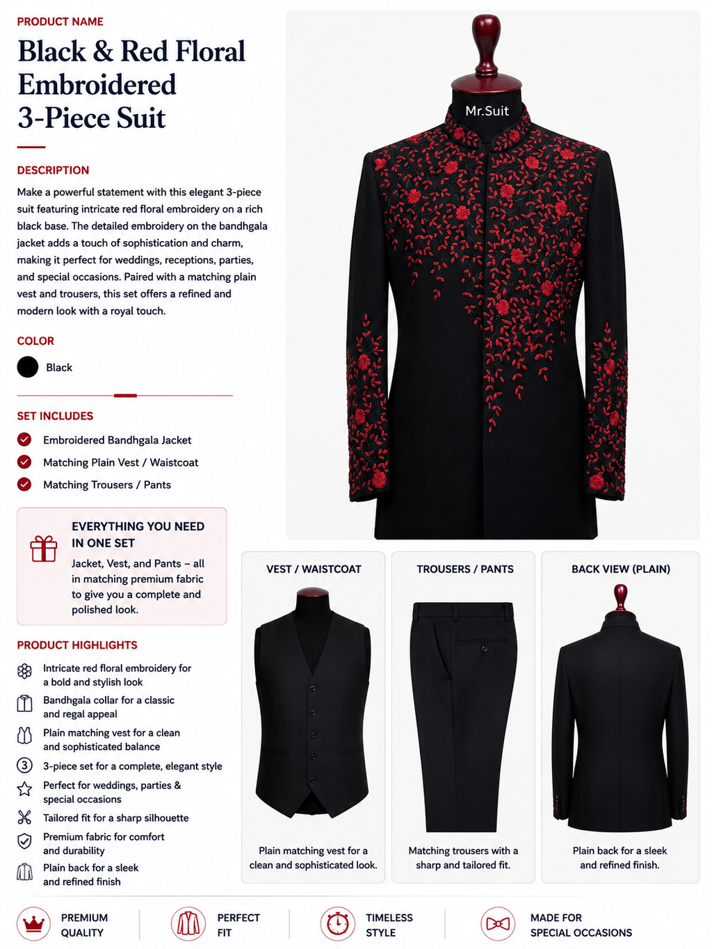 Black & Red Floral Embroidered 3-Piece Suit