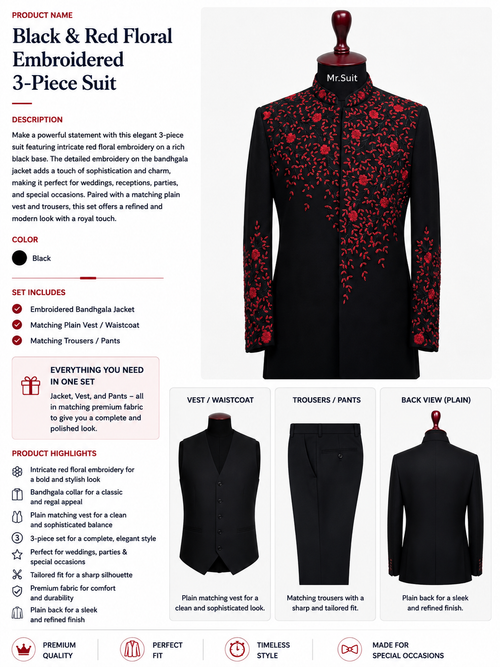 Black & Red Floral Embroidered 3-Piece Suit