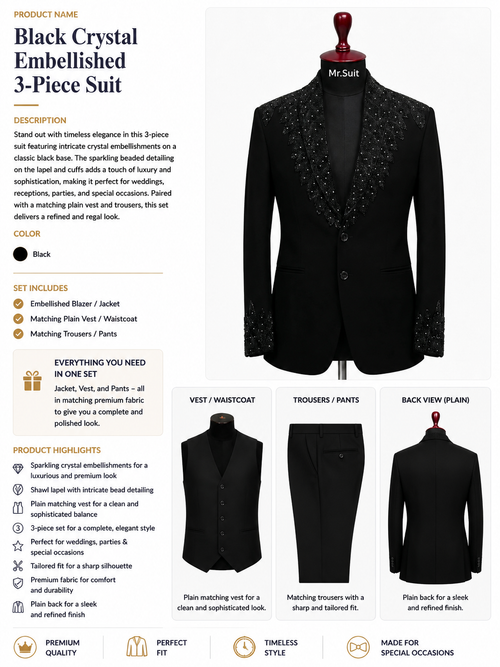 Black & Gold Regal Embroidered 3-Piece Suit