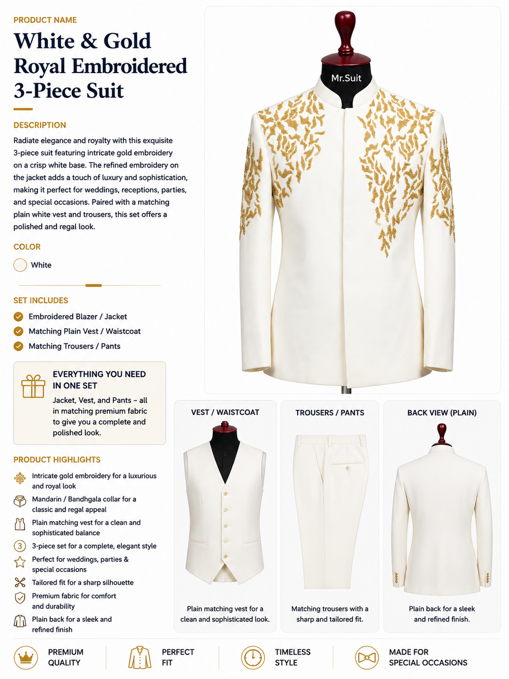 White & Gold Royal Embroidered 3-Piece Suit