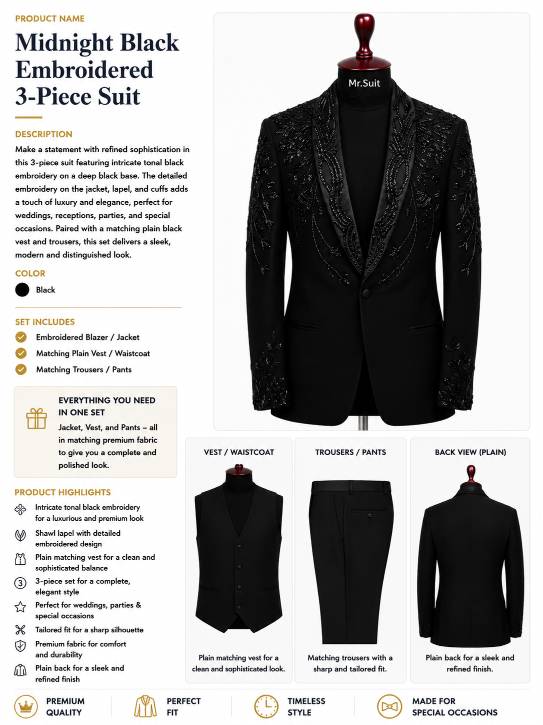 Midnight Black Embroidered 3-Piece Suit