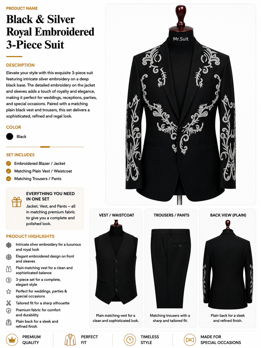 Black & Silver Royal Embroidered 3-Piece Suit