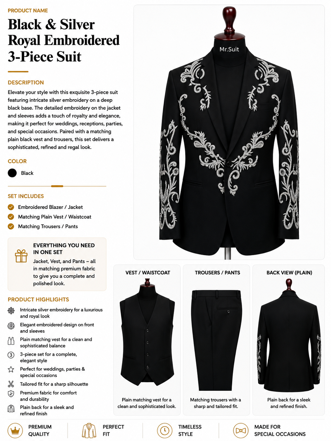 Black & Silver Royal Embroidered 3-Piece Suit