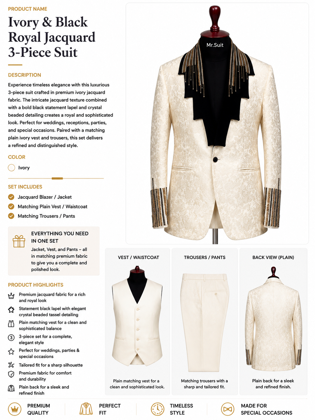 Ivory & Black Royal Jacquard 3-Piece Suit