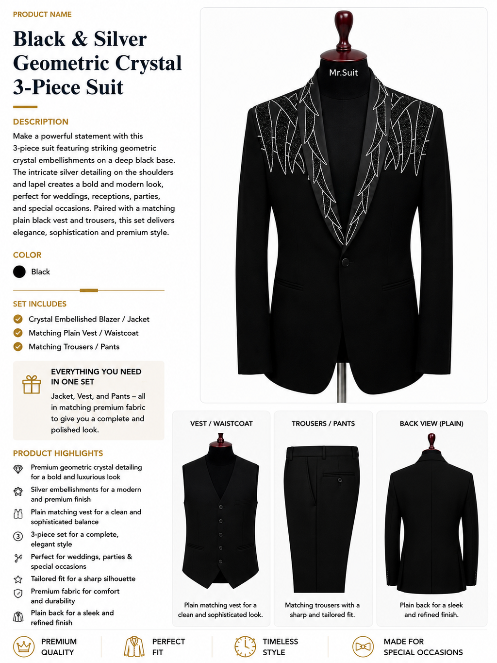 Black & Silver Geometric Crystal 3-Piece Suit