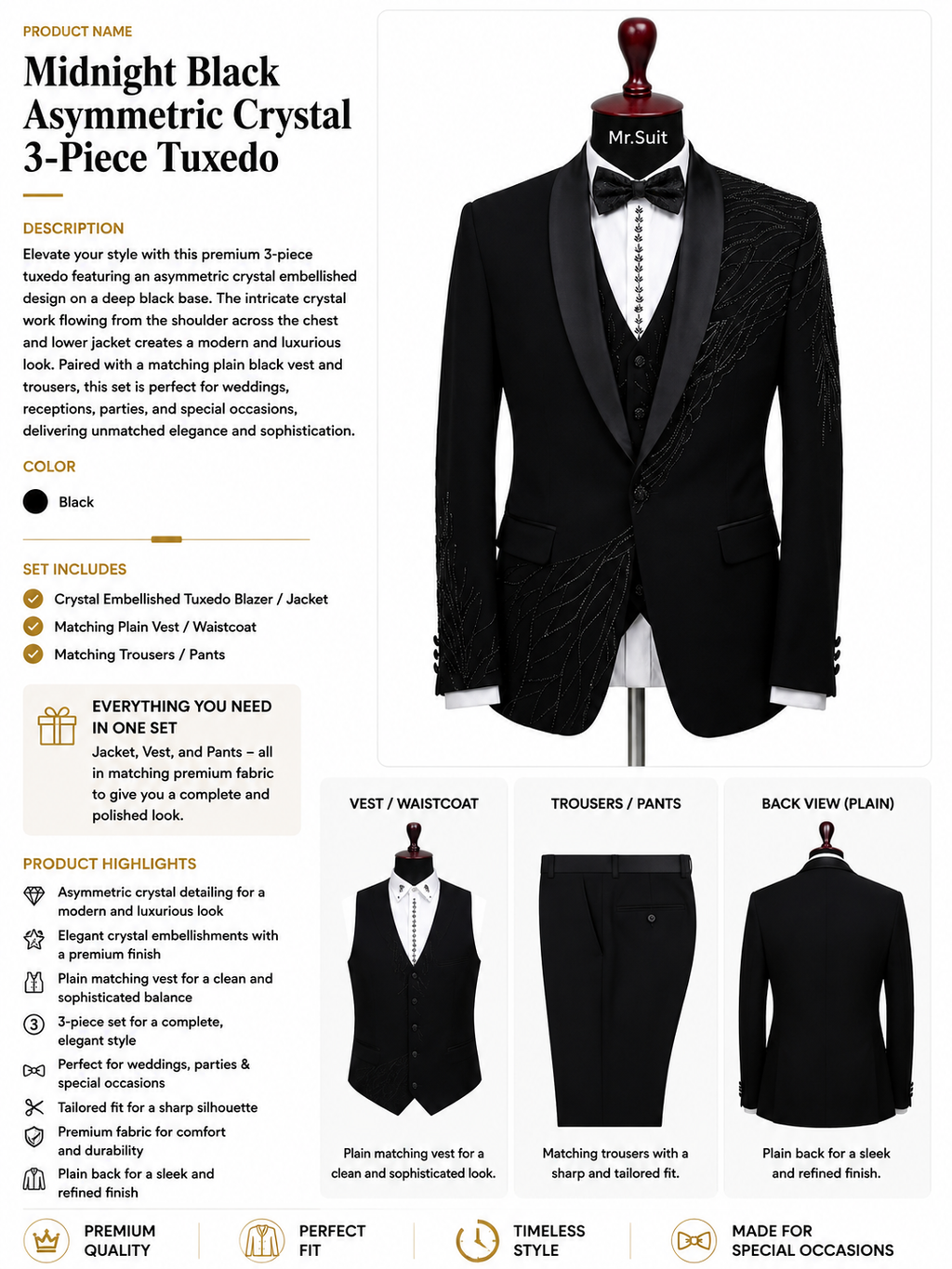 Midnight Black Asymmetric Crystal 3-Piece Tuxedo