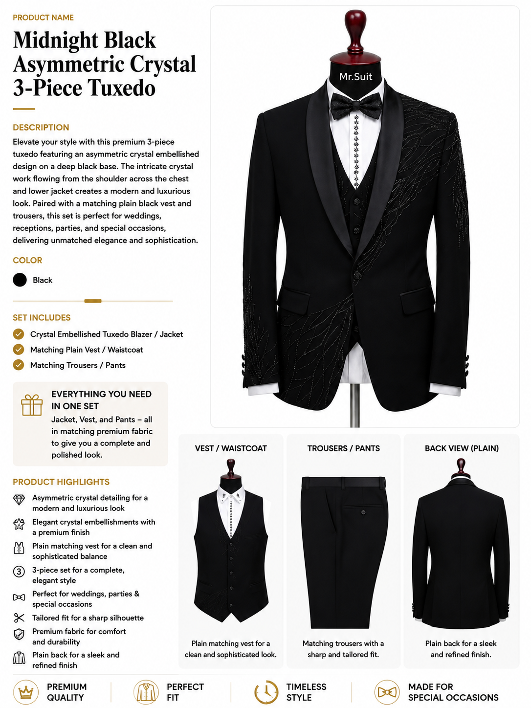 Midnight Black Asymmetric Crystal 3-Piece Tuxedo