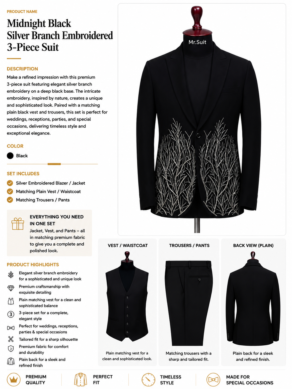 Midnight Black Silver Branch Embroidered 3-Piece Suit