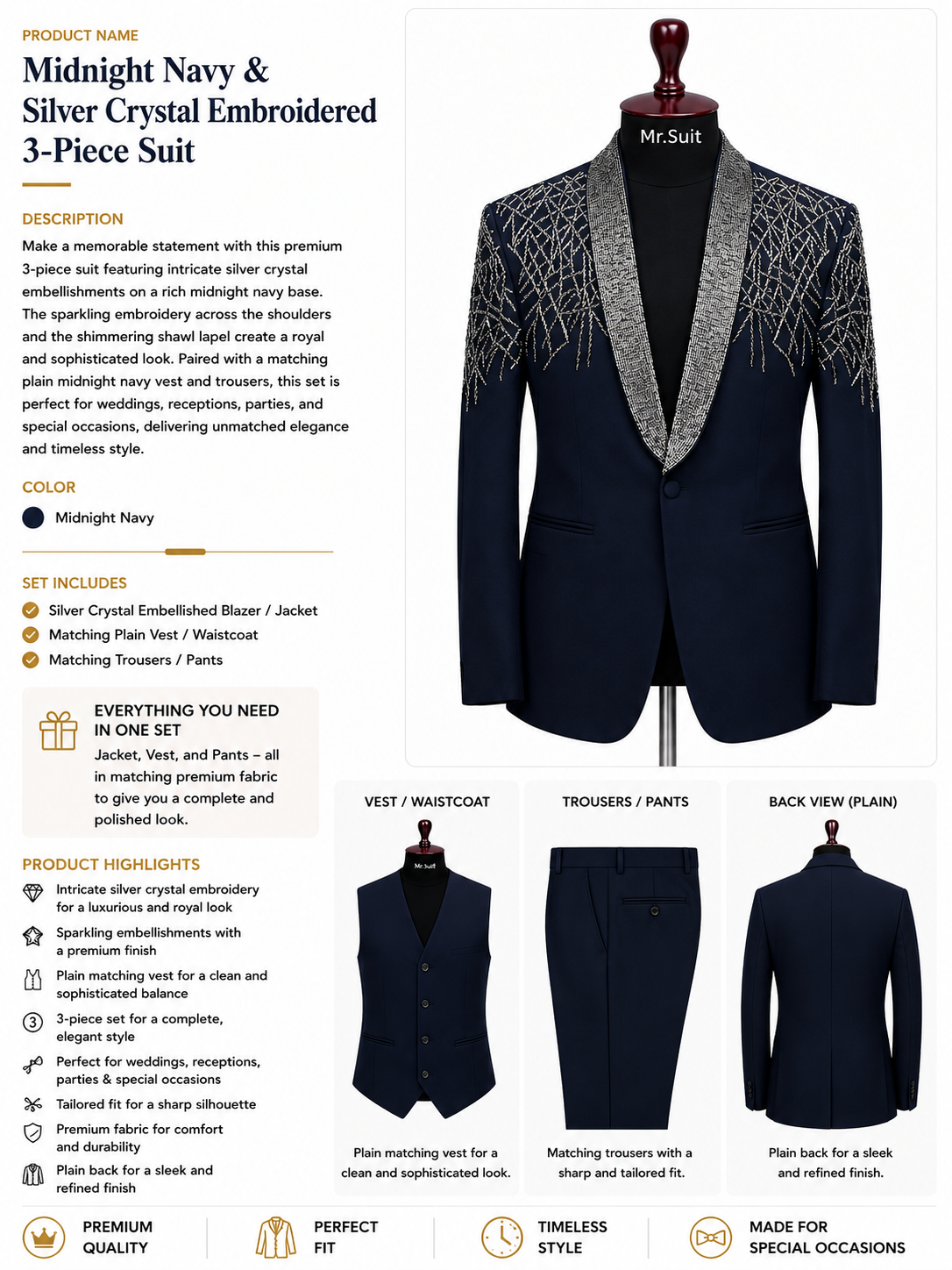 Midnight Navy & Silver Crystal Embroidered 3-Piece Suit