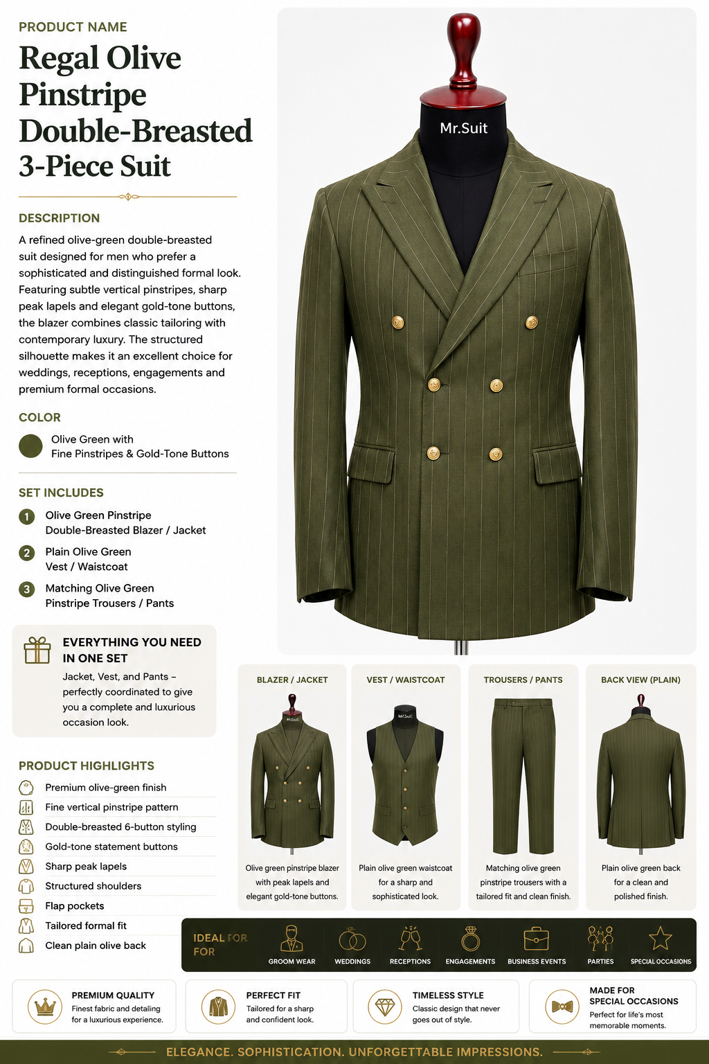 Regal Olive Pinstripe Double-Breasted 3-Piece Suit