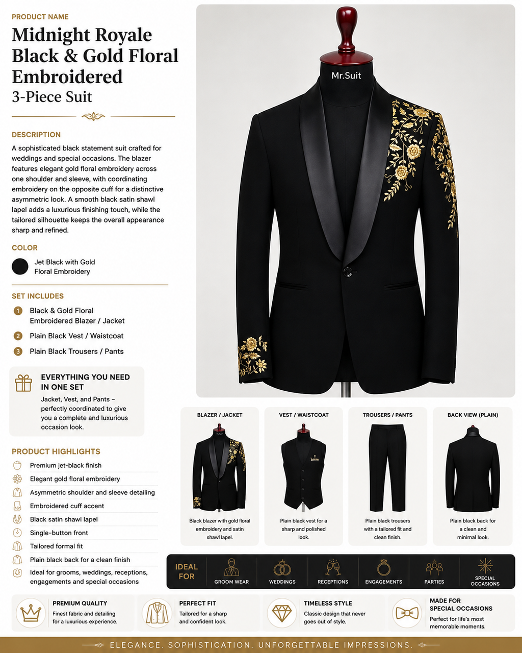 Midnight Royale Black & Gold Floral Embroidered 3-Piece Suit